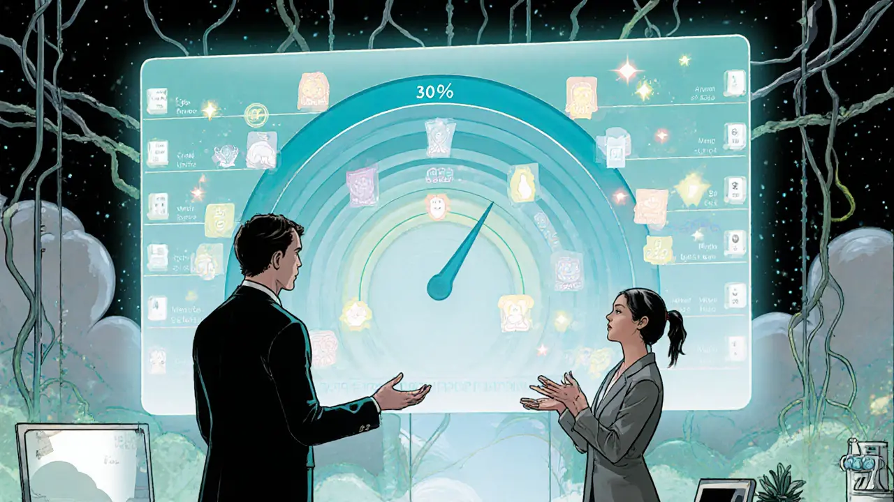 Terapeut používá barevný graf a měřící nástroj k hodnocení pokroku po deseti sezeních.