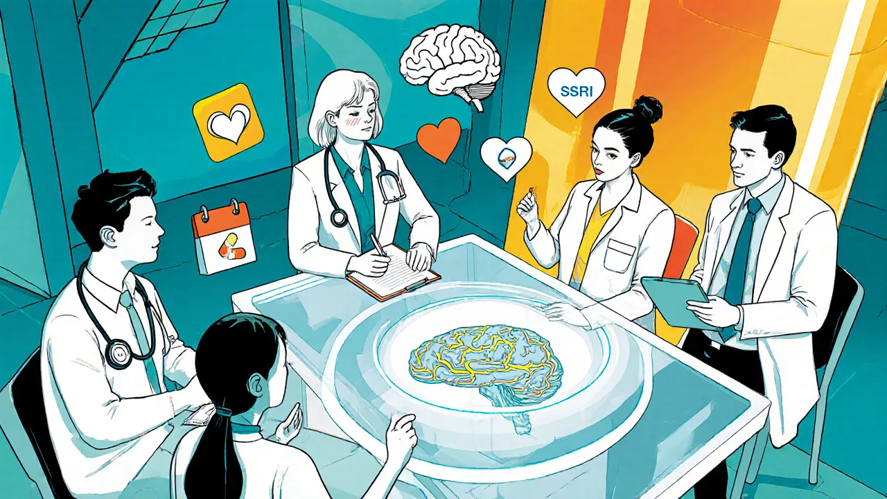 Tým odborníků kolem holografického stolu s ikonkami léčby a symboly mozku