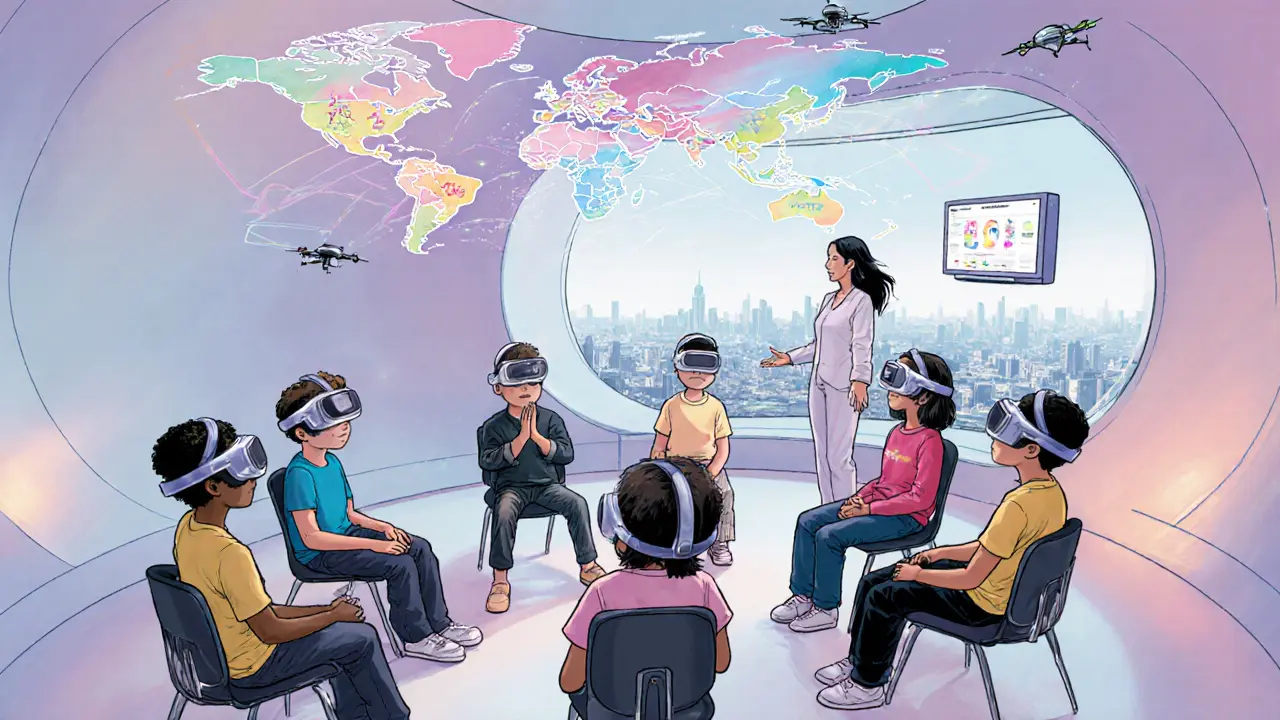 Budoucí VR terapie s EmotiVR, děti ve skupině, AI sleduje microexprese a upravuje scénář.