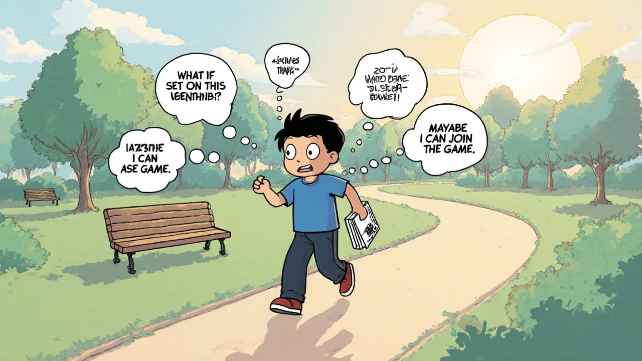 Chlapec s rozvinutou flexibilitou prochází park, čte sociální příběh a objevuje nové možnosti.