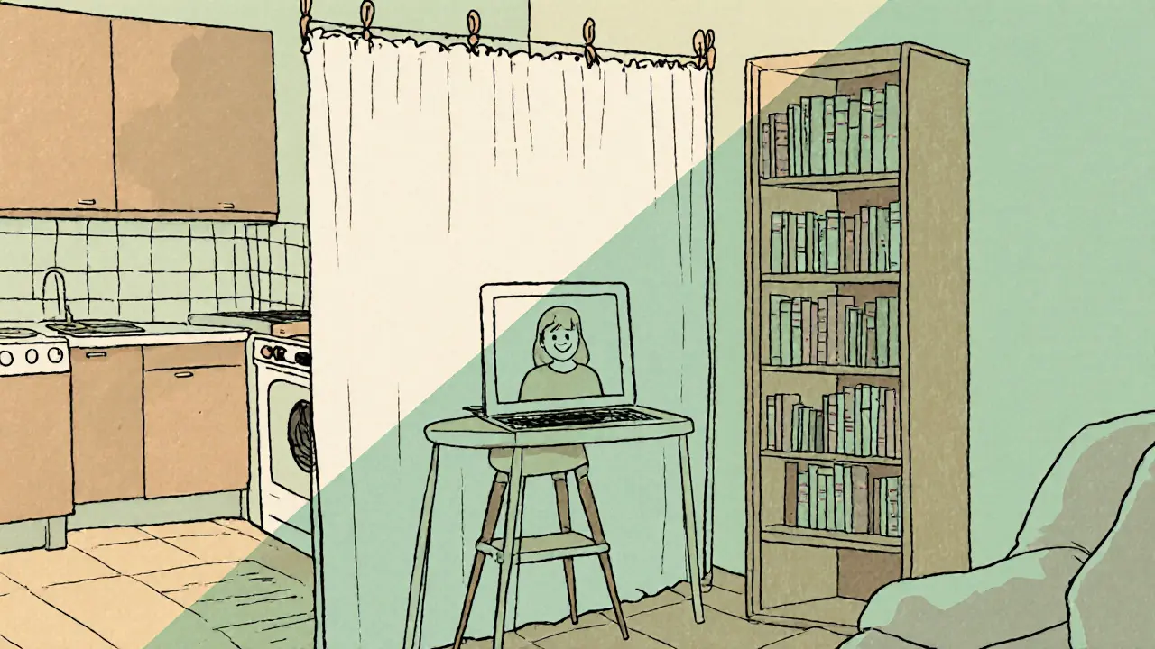 Dočasná závěsná látka a knihovna oddělují kuchyni od prostoru pro online terapii.