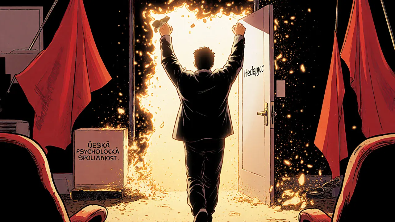 Klient odchází od ordinace, červené vlajky se mění v popel, cesta vede k bezpečným zdrojům.