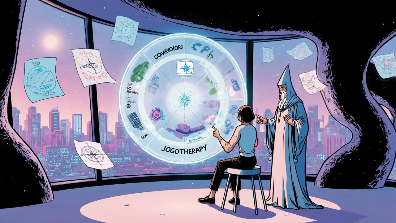 Klient volí mezi digitálním KBT, osobním psychodynamickým sezením a integrativní logoterapií, zobrazeno ve futuristickém komiksovém stylu.