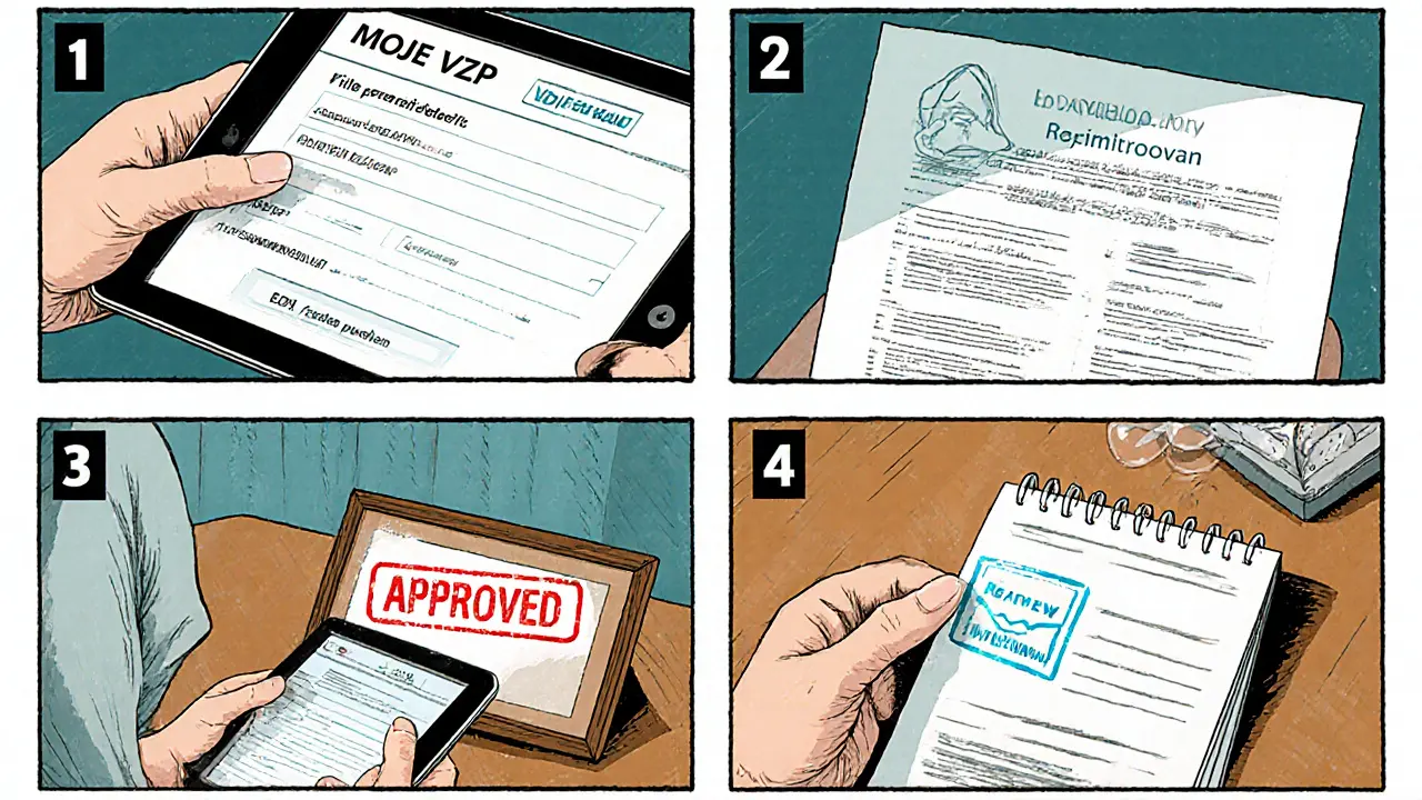 Komiksové panely ukazují online žádost, registraci terapeuta, odeslání e‑mailu a schválený voucher.