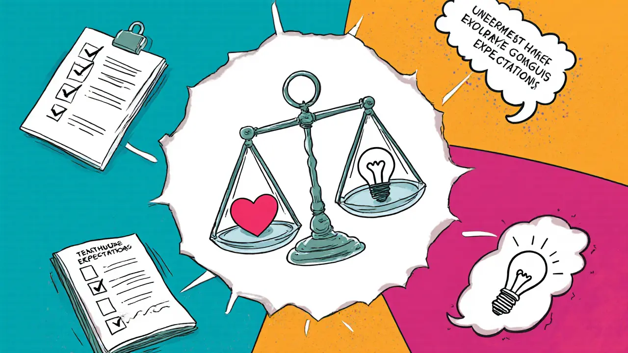 Nástroje terapeuta: váha srdce vs. žárovka, ikony cílů a dotazníku.