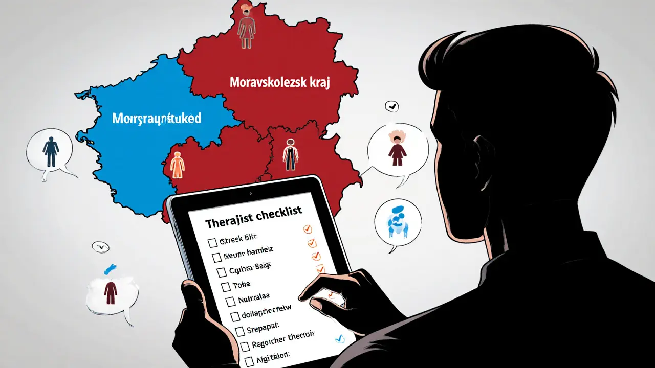 Osoba kontroluje seznam kritérií výběru terapeuta, mapa ČR ukazuje regionální rozdíly.