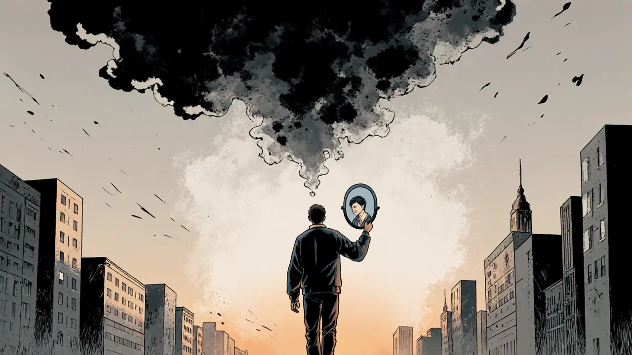 Osoba prochází městem, kde negativní myšlenky mizí, zatímco zrcadlo odhaluje její silnější verzi.