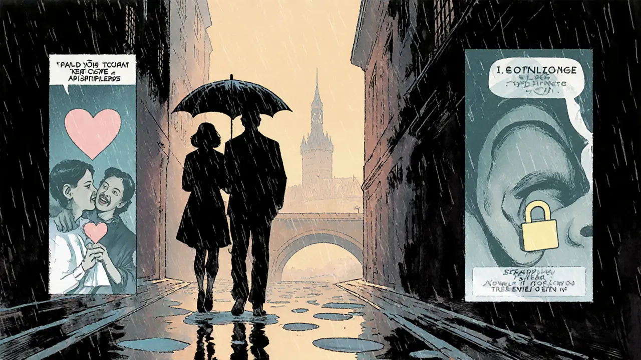 Pár prochází dešťovou Prahou, jejich odrazy ukazují mladší verze se smíchem.