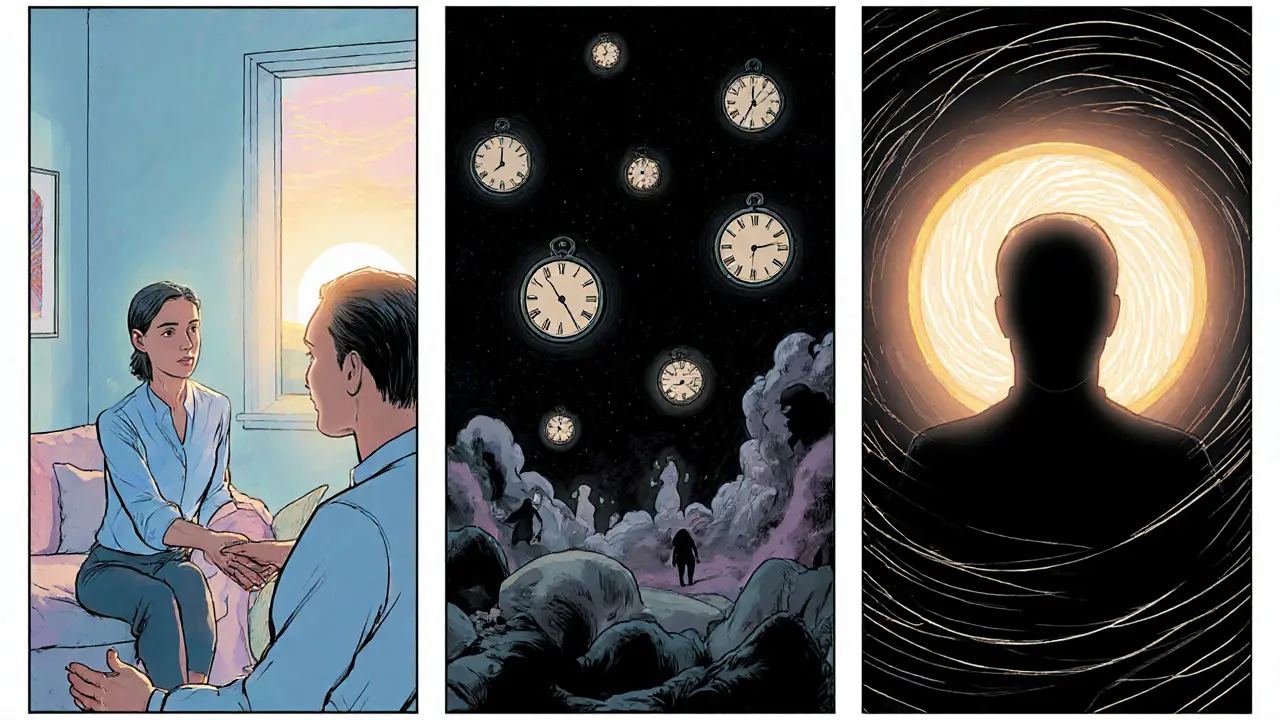 Podpůrná terapie s uklidňujícím světlem a rekonstrukční terapie s temnějšími sny, zobrazující dva různé terapeutické přístupy.