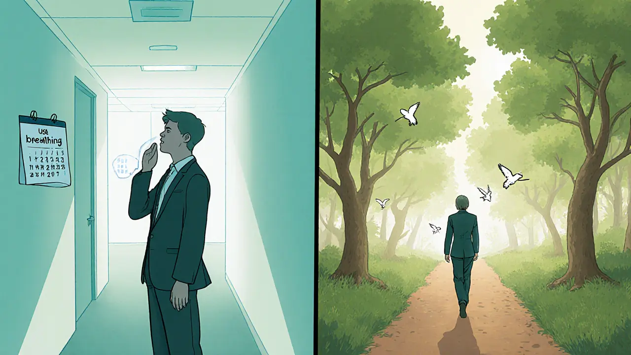 Praktikování dechové techniky před pracovním pohovorem a procházka v přírodě.