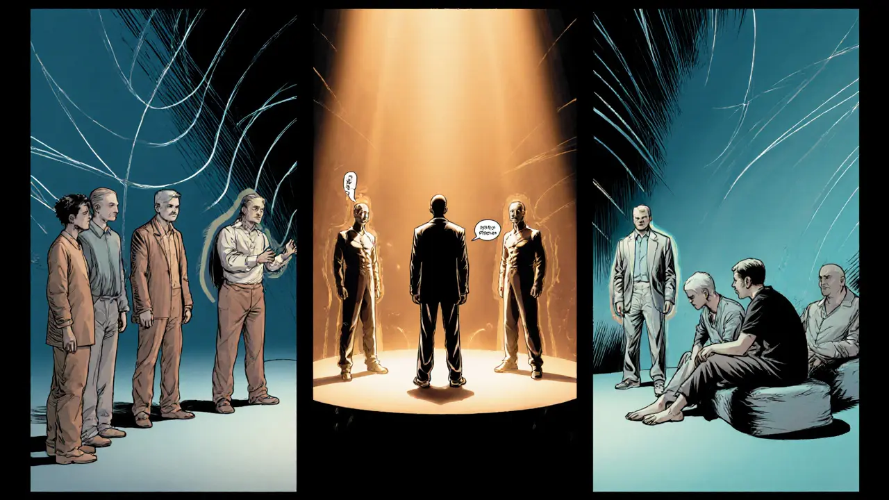 Rozdělená scéna psychodramatu: rozcvička, akční fáze, sdílení.