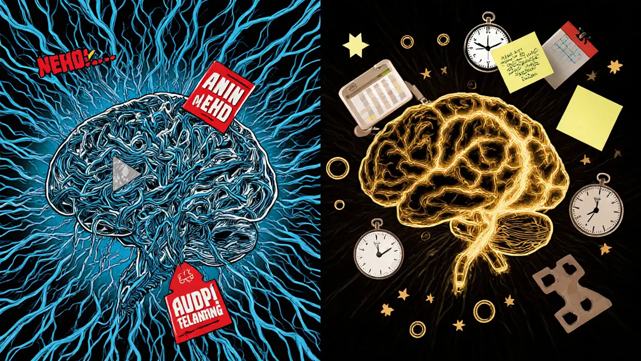 Rozdělený náhled mozku: jedna strana je porušená, druhá je obnovená s nástroji podporujícími ADHD.