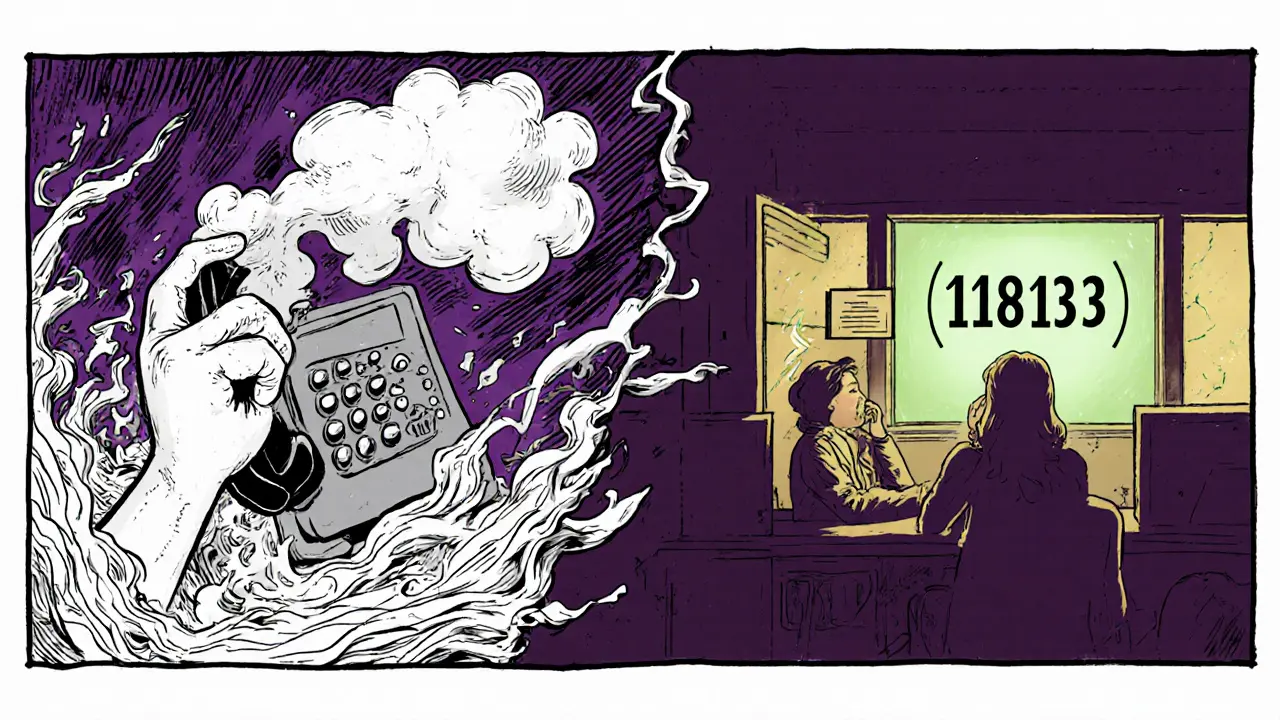 Rozdělený scénář: vlevo panika při volání 112, vpravo klidná pomoc na lince 116 123, styl Moebius.