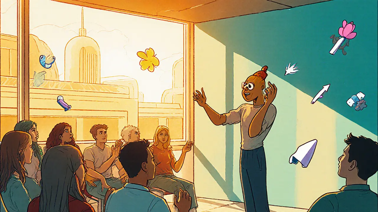 Sebevědomá osoba hovoří před skupinou, obklopena sluncem a symboly růstu.