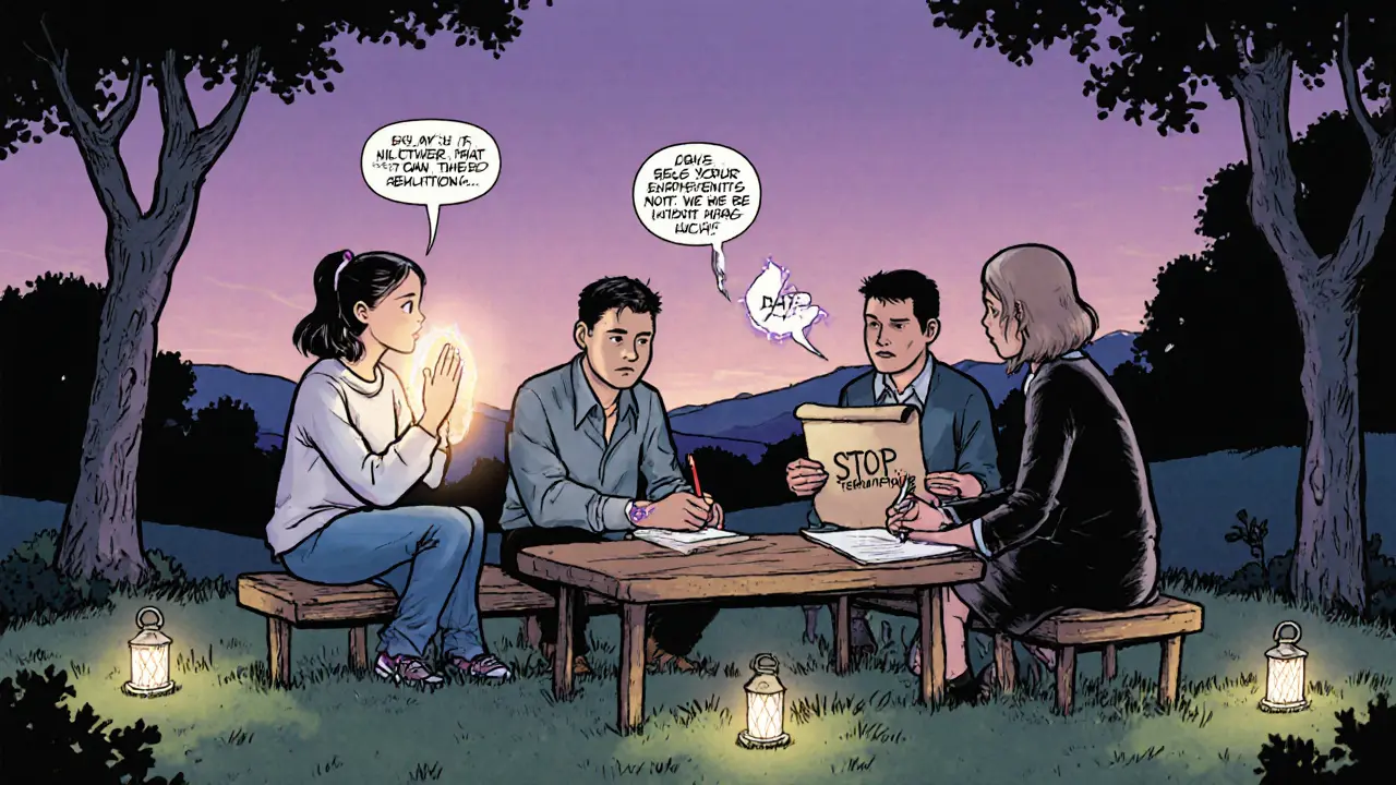 Skupinová DBT terapie v parku, účastníci cvičí dýchání a techniky STOP.