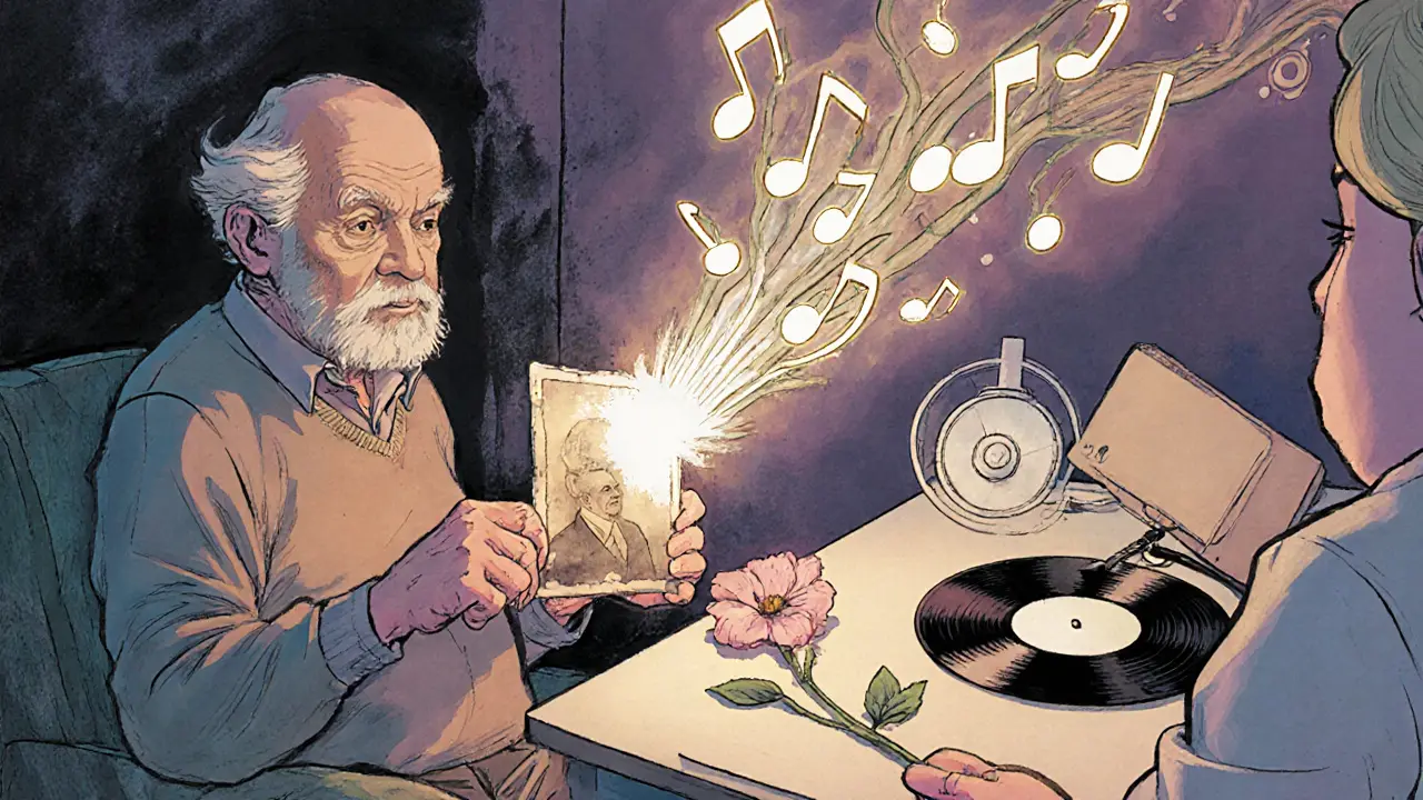 Starý muž poslouchá hudbu, vedle něj je kresba květiny a fotografie.