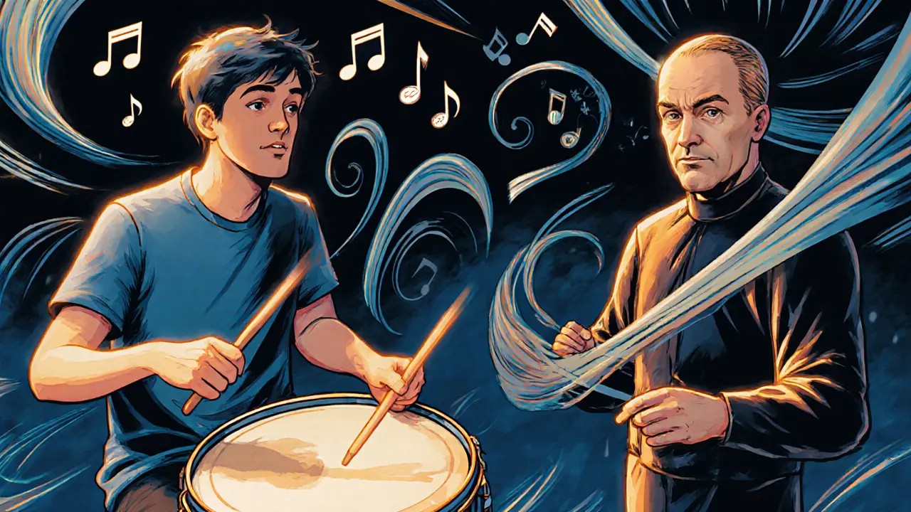 Teenager hraje na buben s terapeutem, zvuky se proměňují v proudy.