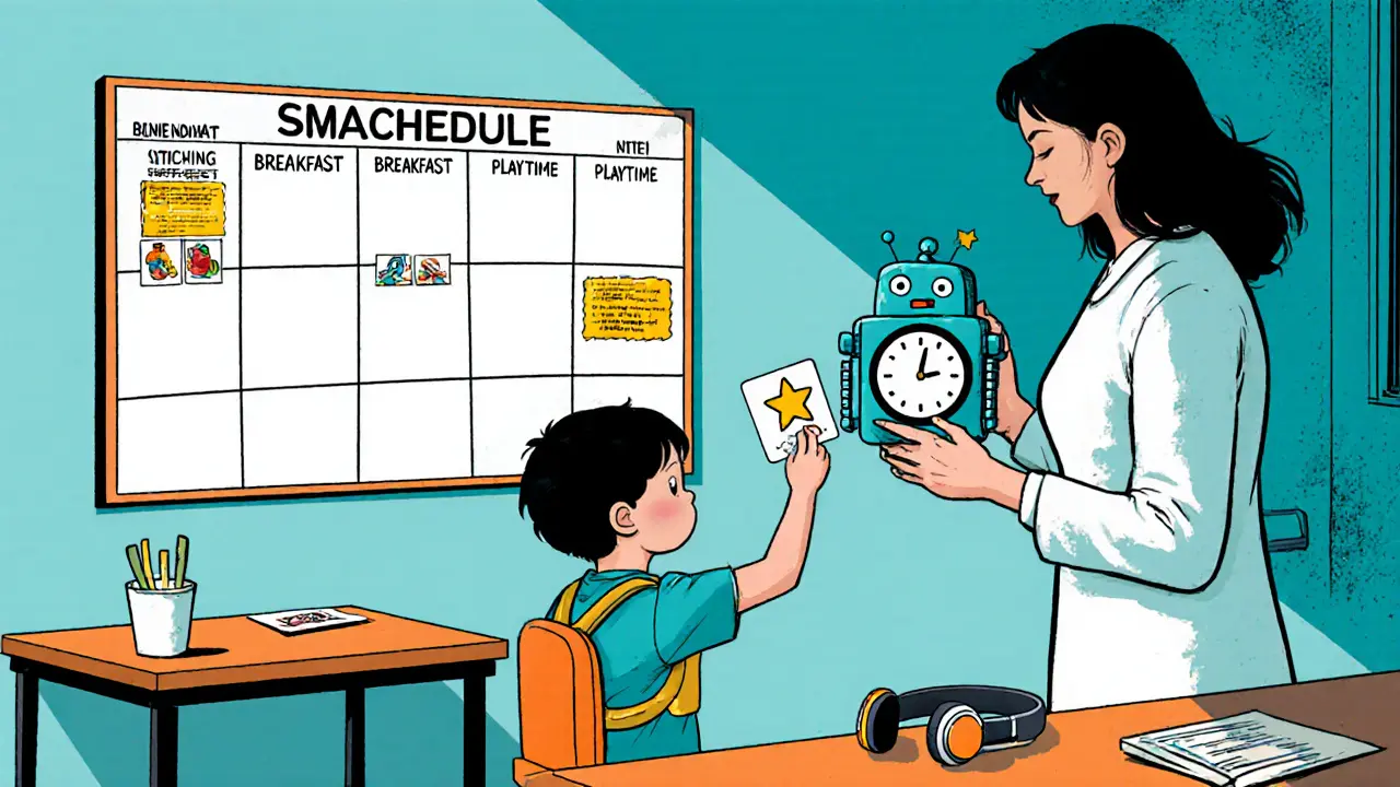 Terapeut a dítě přesouvají magnetickou kartičku na nástěnce a používají časovač.