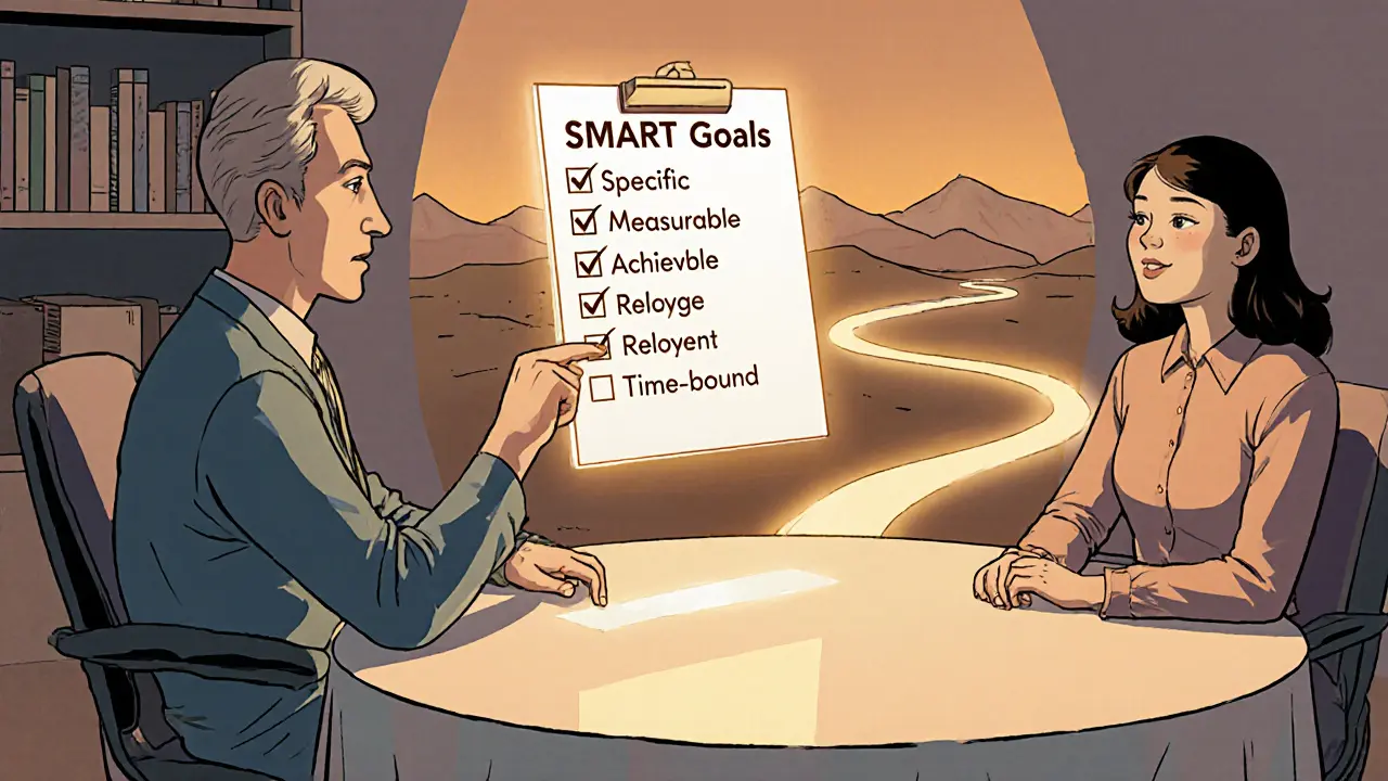 Terapeut a klient diskutují o realistických cílech a pokroku.