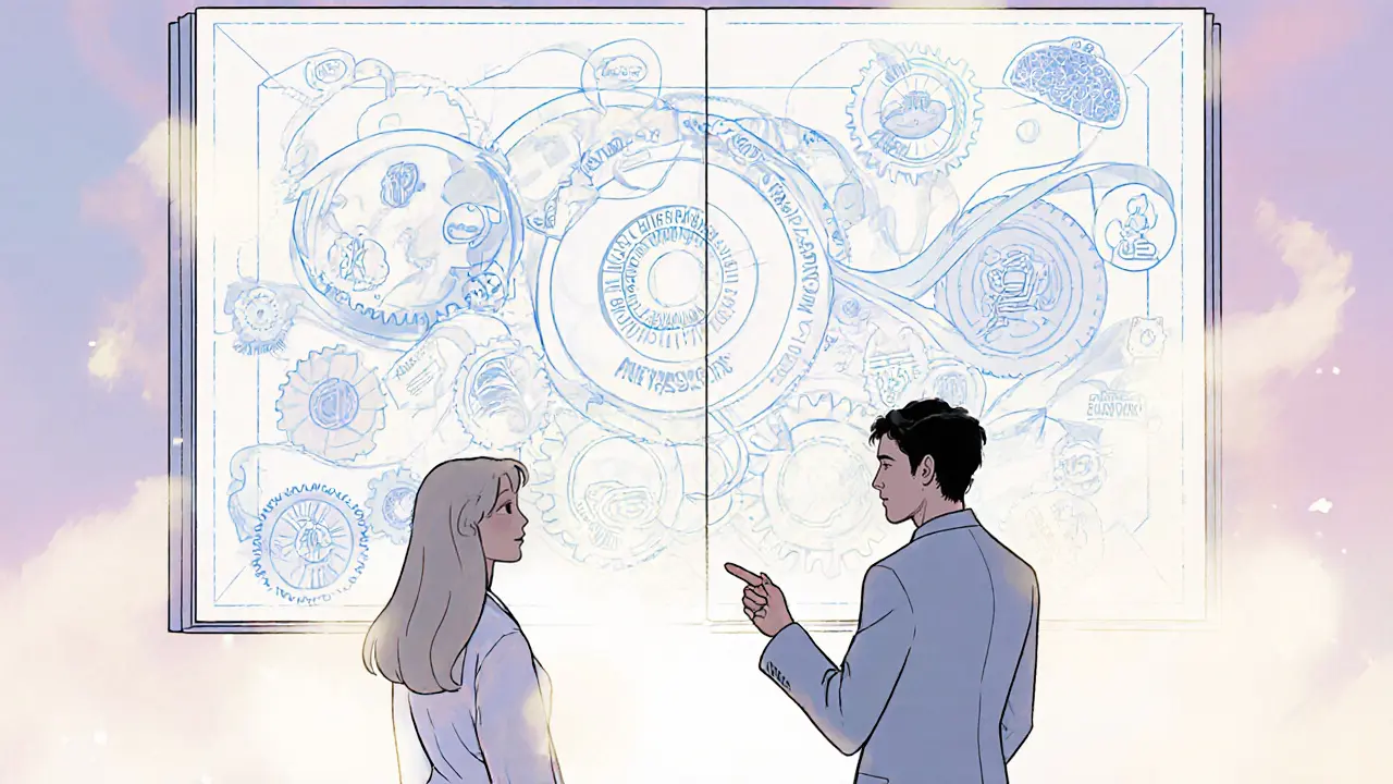 Terapeut a klient společně vytvářejí model terapie, vizualizované jako propojené ozubené kolečka.