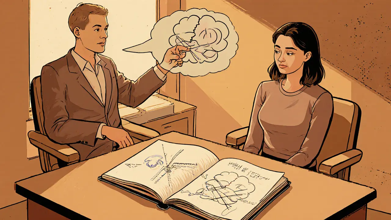 Terapeut a klient v klidné kanceláři, ukazují na rozbitý myšlenkový vzorec.