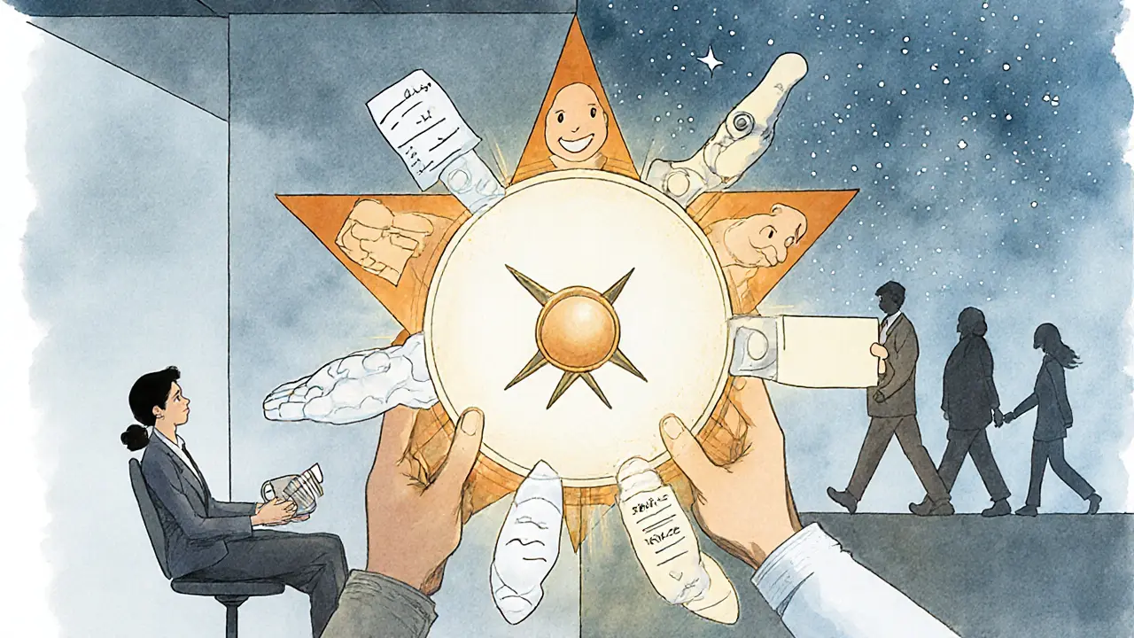 Terapeut drží kompas se sedmi symboly nad párem, který sedí v kanceláři.