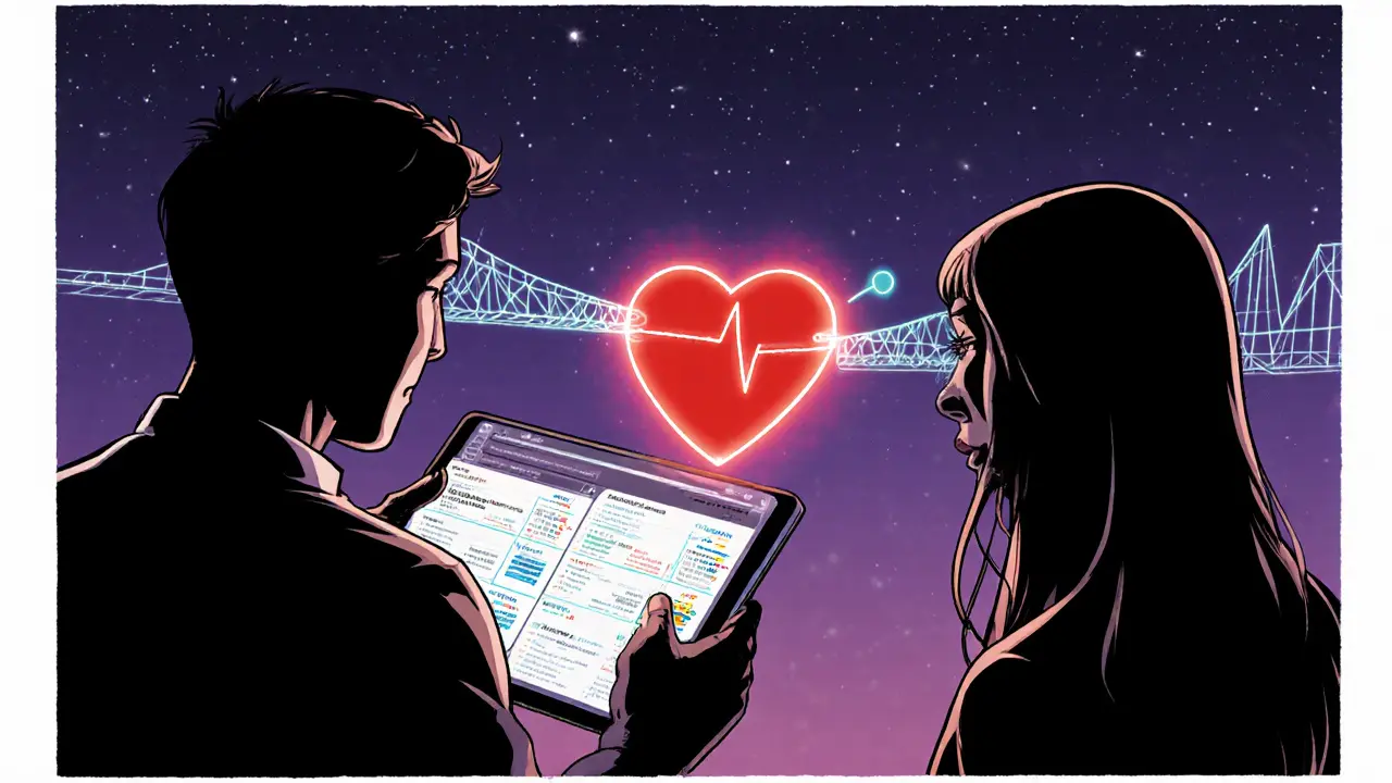 Terapeut drží tablet s daty, zatímco červené srdce a bioluminiscenční most zdůrazňují lidský vztah.