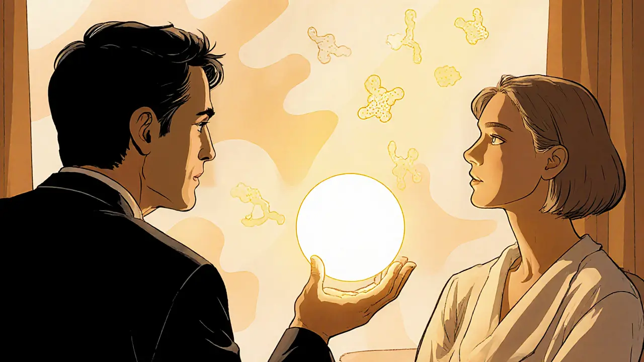 Terapeut podává klientovi zářící kouli, kolem plavou molekuly serotoninu.