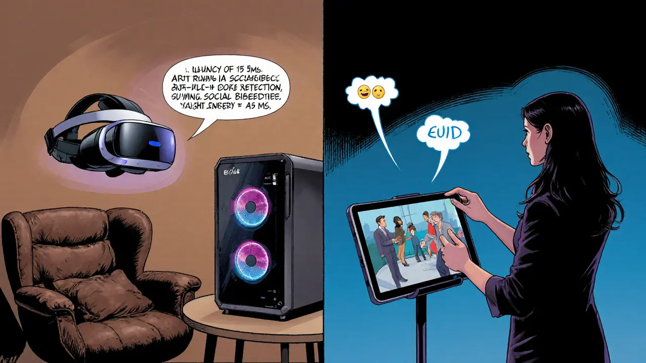 Terapeut porovnává imerzivní headset a neimmersivní tablet, ukazuje biofeedback a AI nastavení.