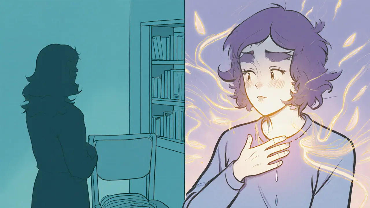 Terapeut používá prázdnou židli, klient svírá hrudník a slzy tekoucí jako kapky.