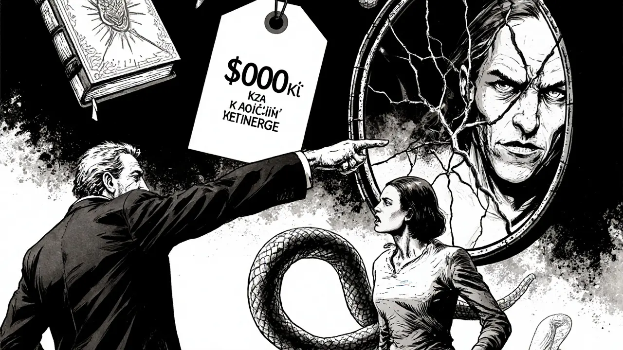 Terapeut ukazuje na klienta, zatímco za ním visí drahé produkty a zrcadlo s jeho strachem.