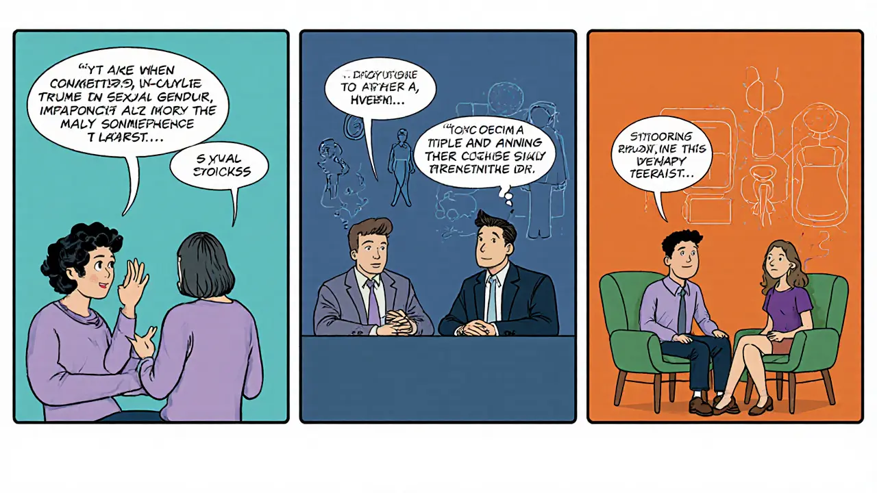 Tři scénky: žena s ženskou terapeutkou, muž s mužským terapeutem, pár s terapie opačného pohlaví.