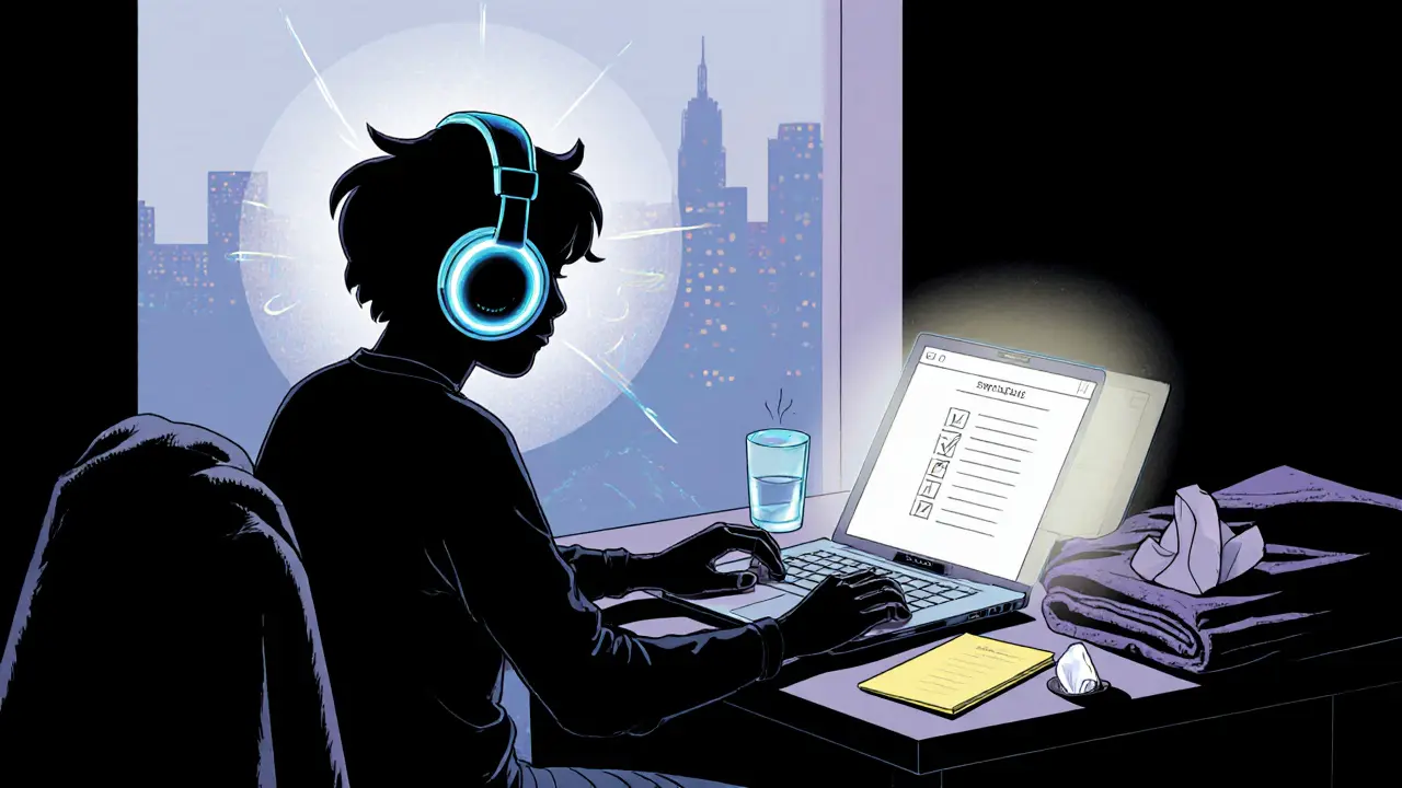 Účastník s potlačovacími sluchátky, checklistem a relaxací připravený na online sezení.