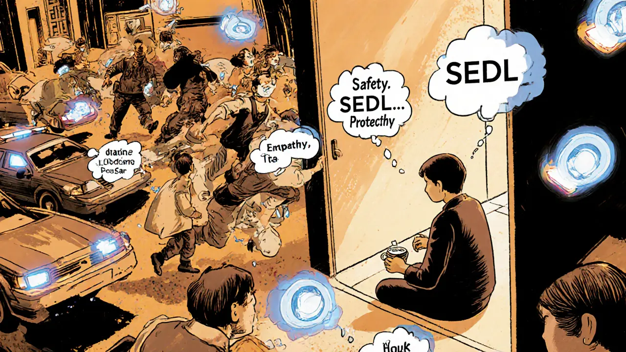 Vnitřek domu: klidná osoba pije čaj, zatímco venku je chaotická záchranná akce, nad ní se vznášejí kroky SEDL protokolu.