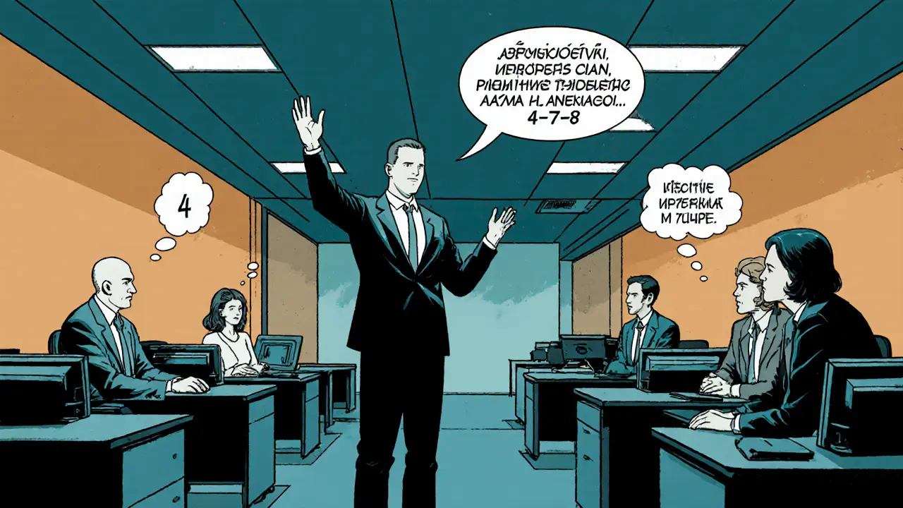 Zaměstnanec trénuje asertivní komunikaci v kanceláři během role‑play se šéfem.