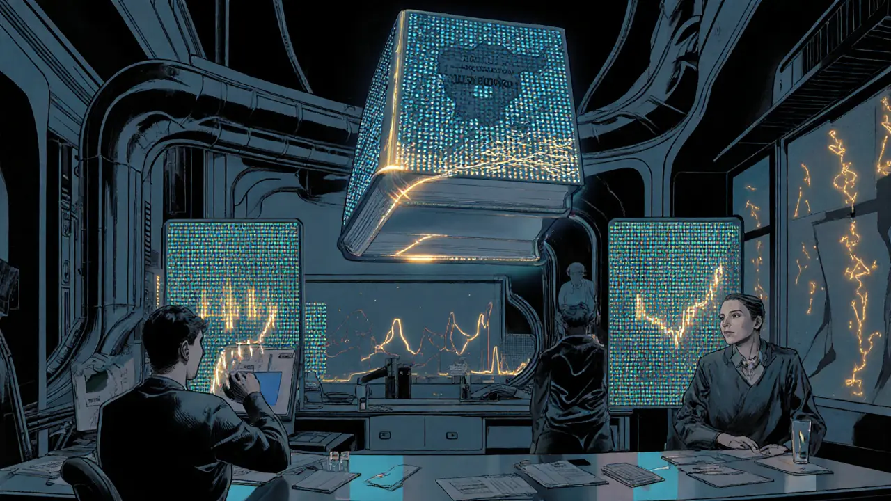 Budoucí česká klinika s holografickými obrazovkami a knihou EBP-CZ, terapeut upravuje léčbu podle genetických dat.