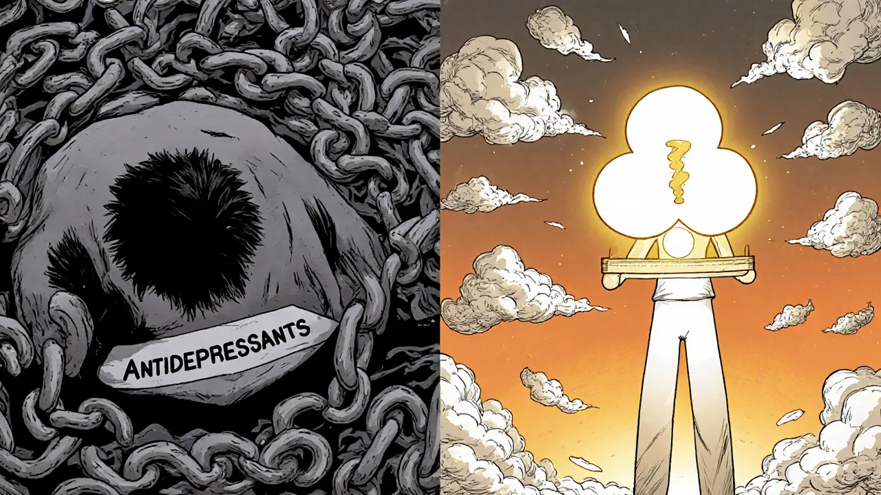 Dvě části obrázku: vlevo člověk pod řetězy léků, vpravo stejný člověk s lucernou mindfulness, myšlenky míjí bez škody.