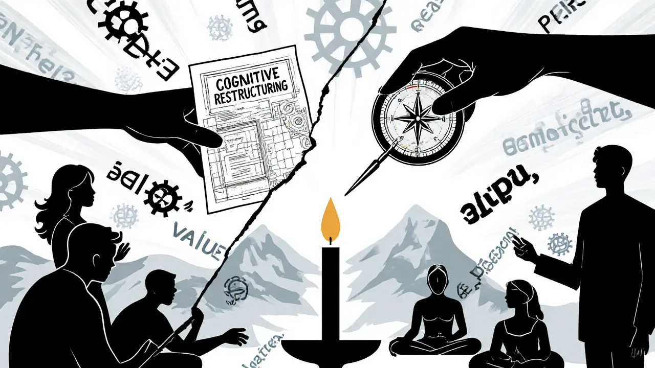 Dvě ruce se dotýkají přes zlomené zrcadlo — jedna drží návod, druhá kompas k horám a svíčce.