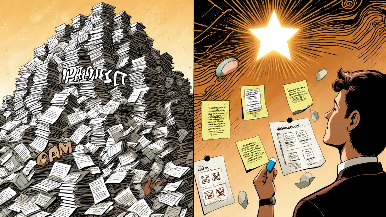 Dvě scény: jeden stranou chaos úkolů, druhou stranou malé kroky na lepenkách s lékem jako vodítkem.