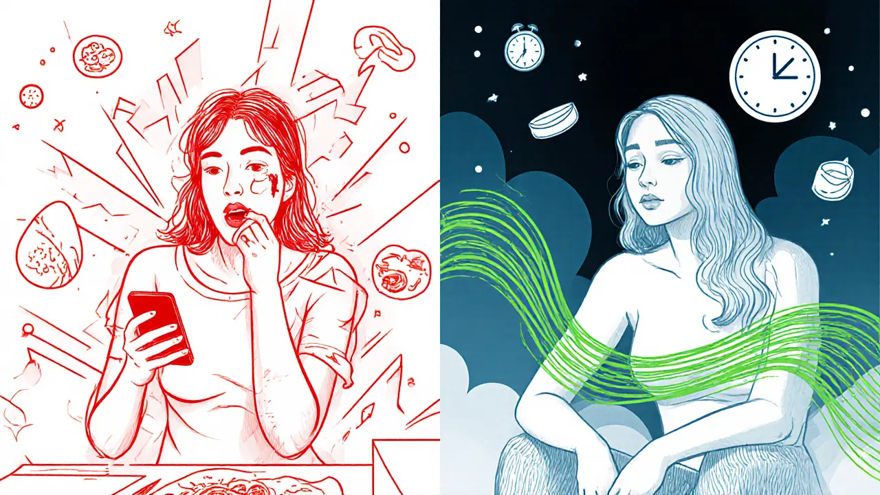 Dvě scény: žena jí s telefonem vs. žena klidně jí bez distrakcí, symbolizující emocionální a fyzický hlad.