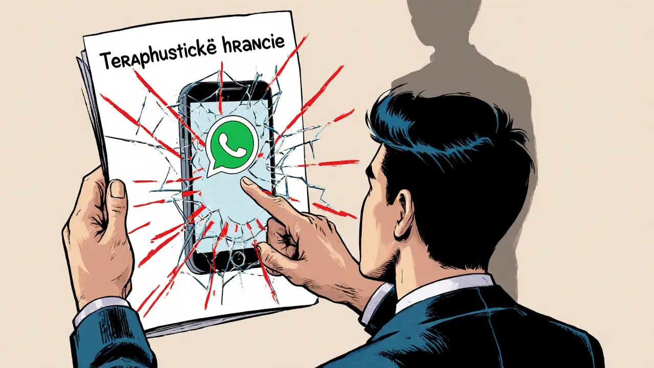Klient drží list s pravidly terapie, zatímco telefon s WhatsAppem se rozbíjí.