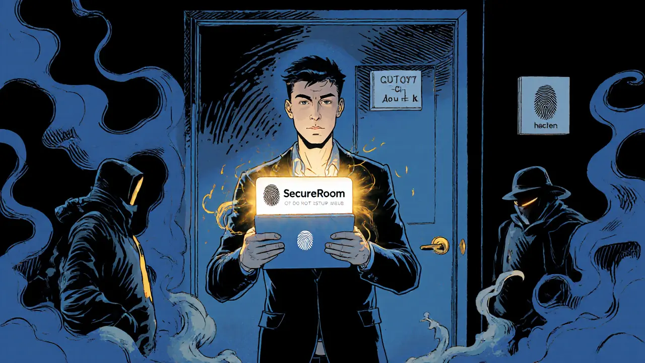 Klient stojí před zavřenými dveřmi, bezpečná platforma rozptyluje hrozby hackování.