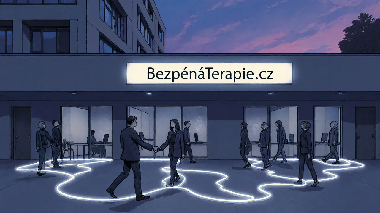 Klienti opouštějí terapeutické kanceláře, zanechávají za sebou průhledné hranice, na pozadí znak BezpečnáTerapie.cz.