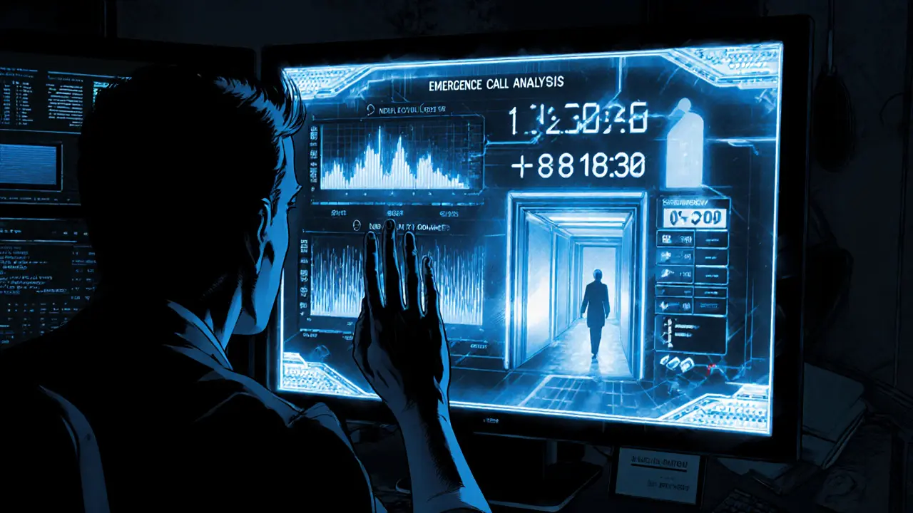 Krizová linka 2.0 analyzuje hlas volajícího, na obrazovce je časovač 2,4 minuty a ruka se táhne po telefonu.