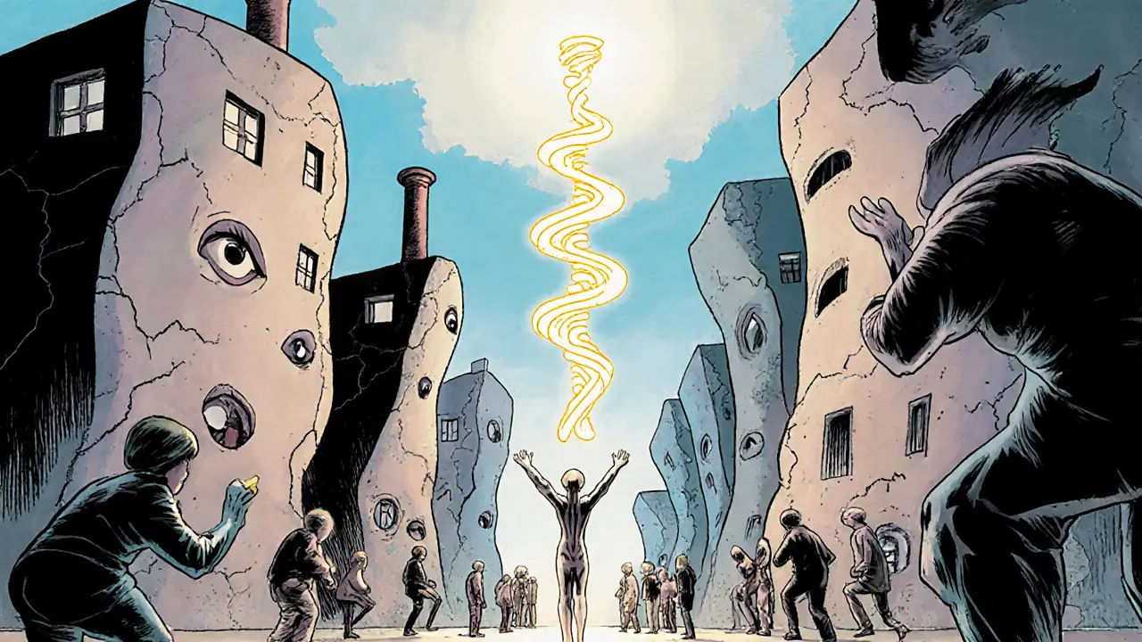 Město tvarované jako lidská těla, kde jedna postava osvobodí spojení mysli a těla.