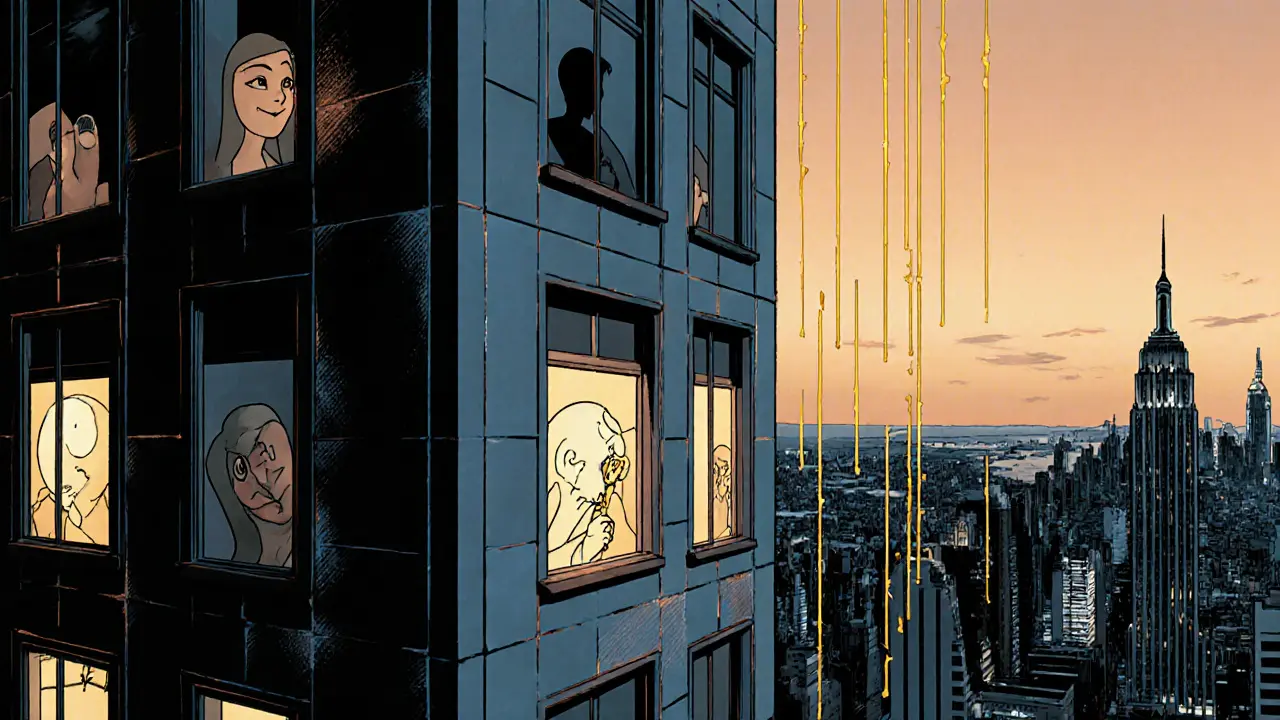 Město v ranním světle, kde jedno okno září klíčem — symbolický spoj mezi osobním hledáním a pomocí.