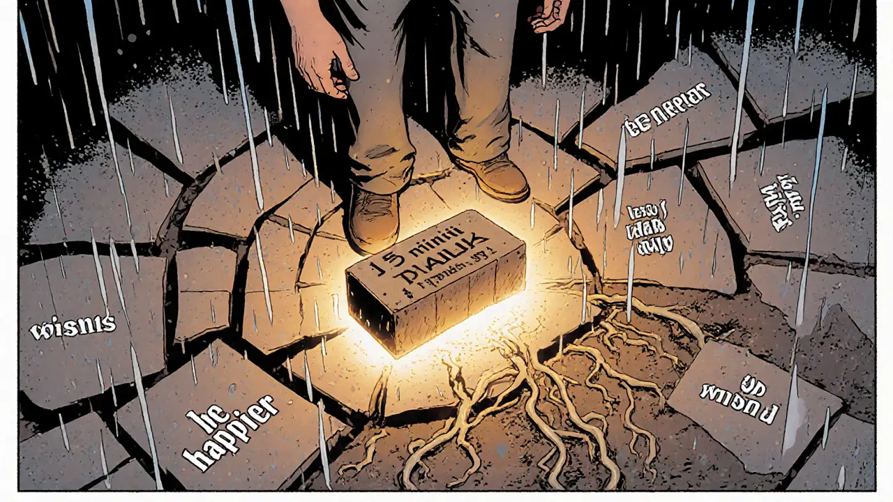 Muž se dotýká jednoho konkrétního kroku, zatímco jeho všeobecné přání se rozpadají kolem něj.