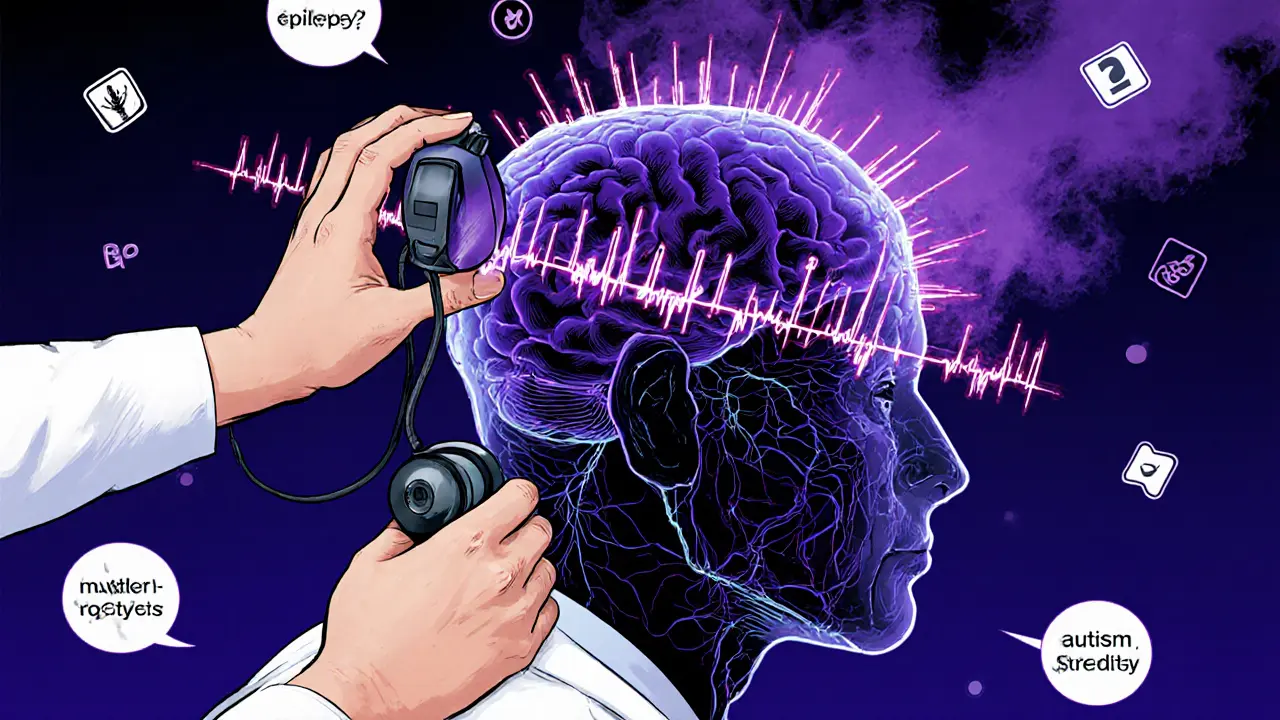 Neurolog s EEG headsetem a abstraktními elektrickými výboji v mozku pacienta.