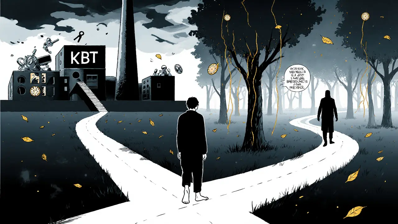 Osoba na křižovatce: jedna cesta vede k továrně s fobiami, druhá k lesu s hodnotami a klidnou cestou.