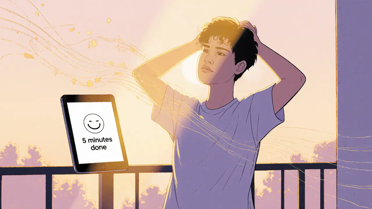 Osoba stojí na balkoně v ranním světle, zatímco na tabletu svítí smajlík – malý krok k lepšímu pocitu.